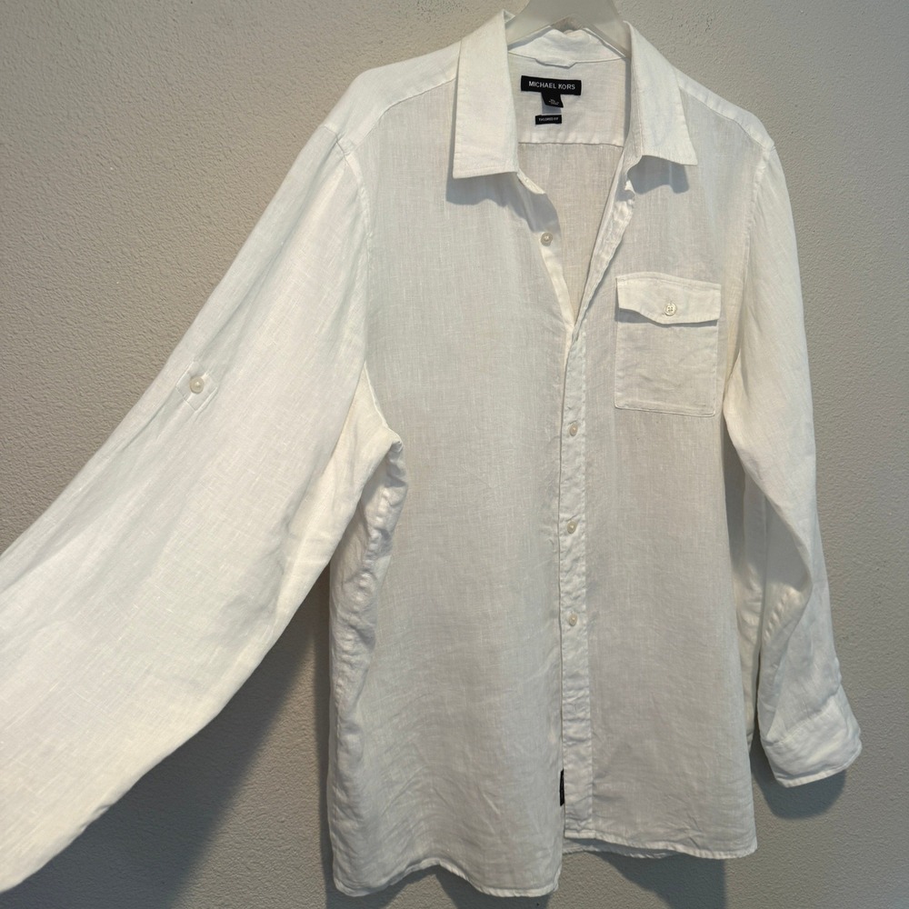 Michael Kors White Linen Tailored Fit Roll Tab Button Down Shirt XL Mens - Picture 2 of 5